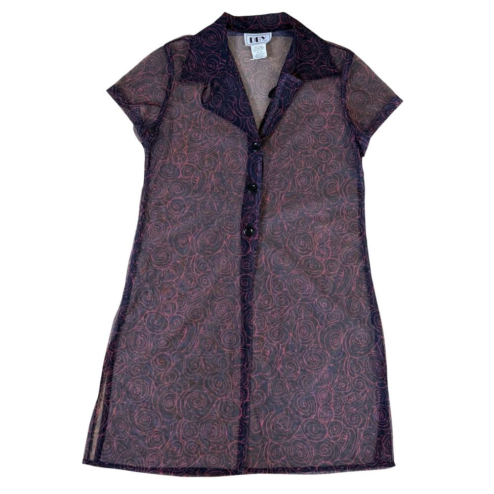 Vintage 90s DBY Ltd Sheer Mesh Button Down Tunic Rose Swirl Print Whimsigoth Y2K